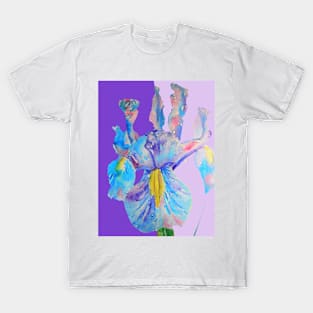 Iris Watercolor Painting - Blue with Raindrops - on Purple and Lilac T-Shirt